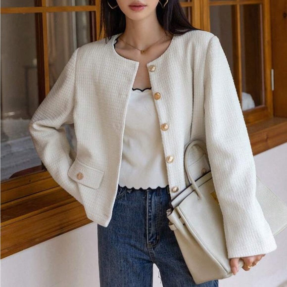 Cream Gold button front tweed jacket cardigan collarless blazer - Picture 1 of 4